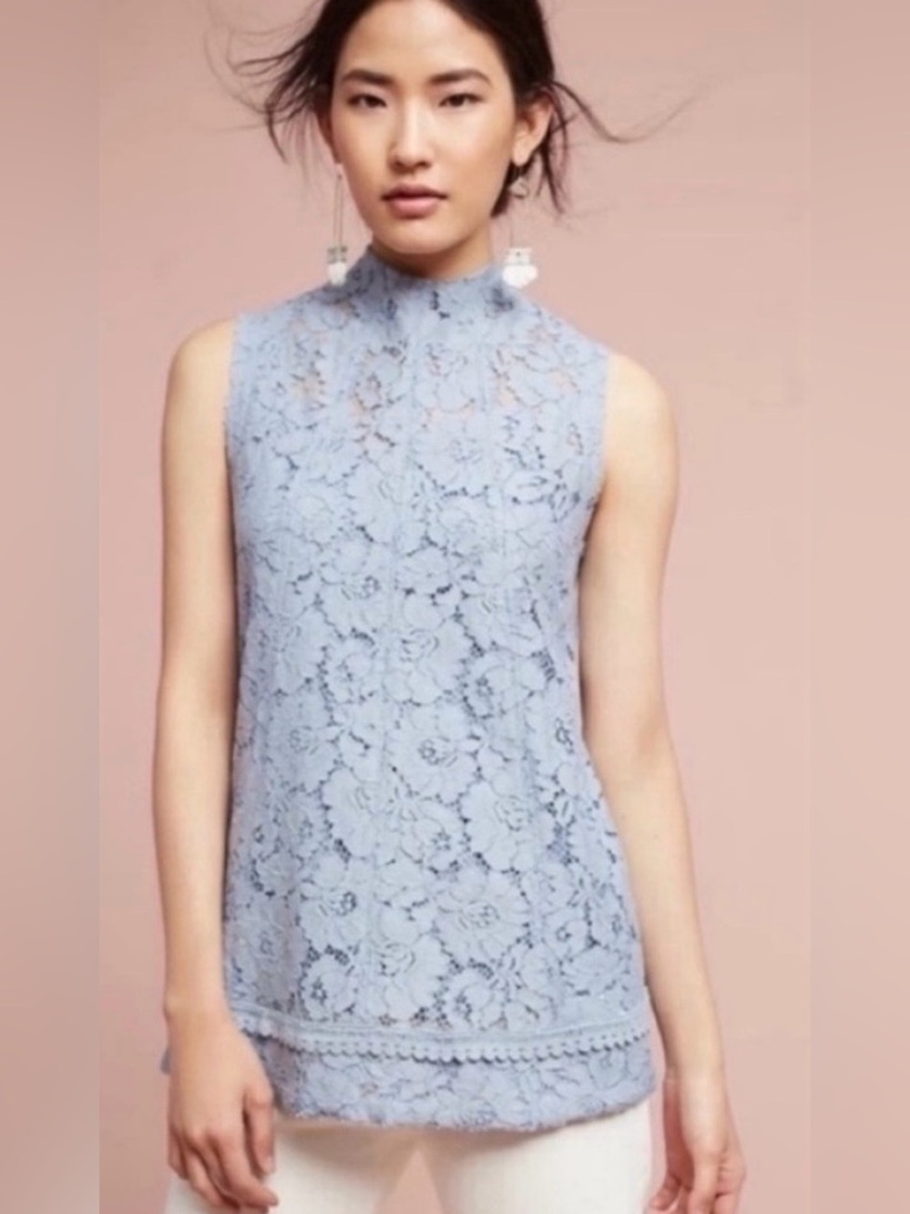 Anthropologie Maeve Emilie top blue lace swing sleeveless mock neck
